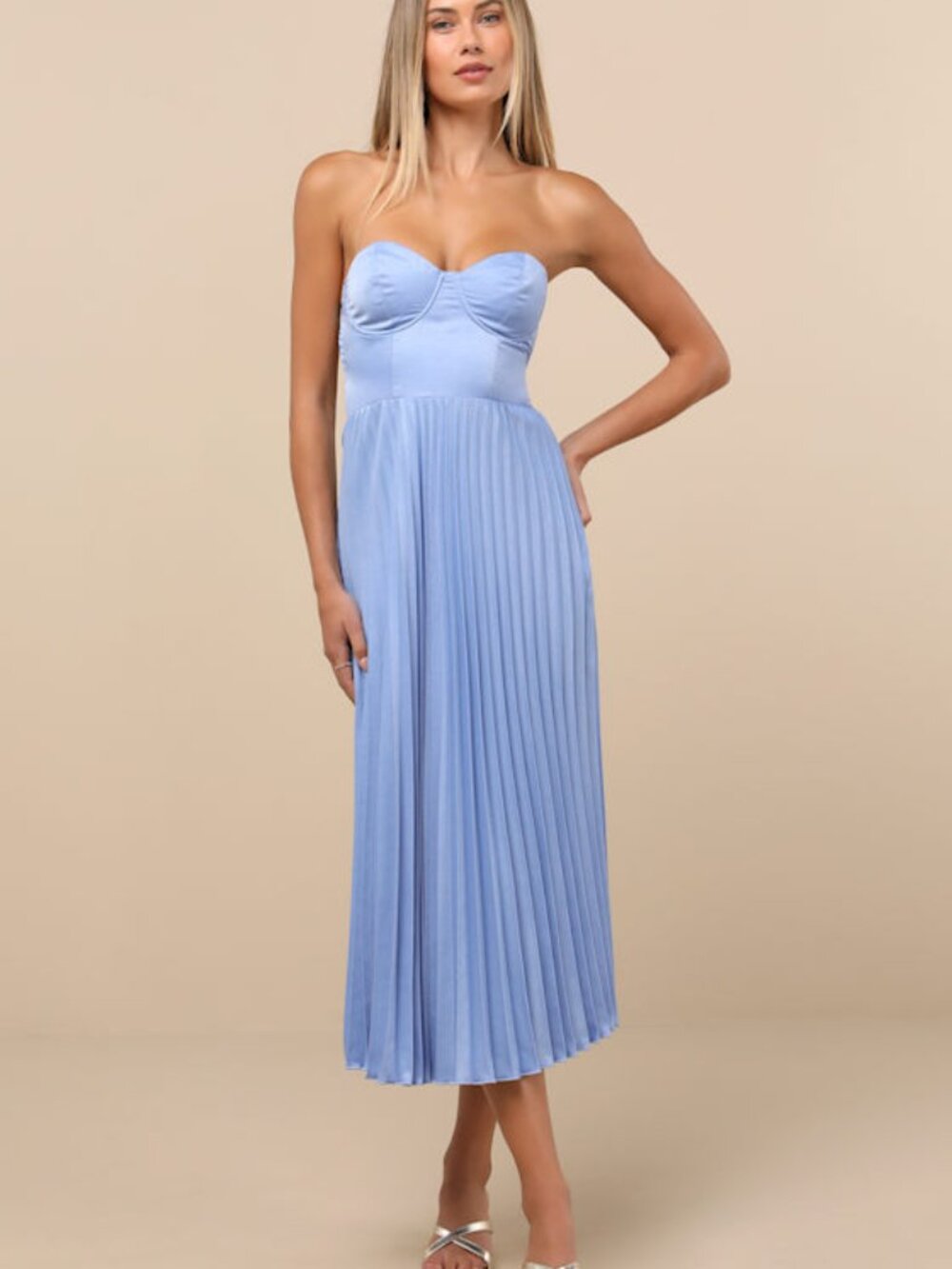Lulus Irelyn Dusty Blue Satin Bustier Midi Dress - Size XXS